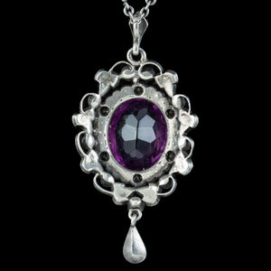 Antique Edwardian Purple Paste Pendant Necklace Silver