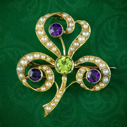 Antique Edwardian Suffragette Three Leaf Clover Brooches 15ct Gold