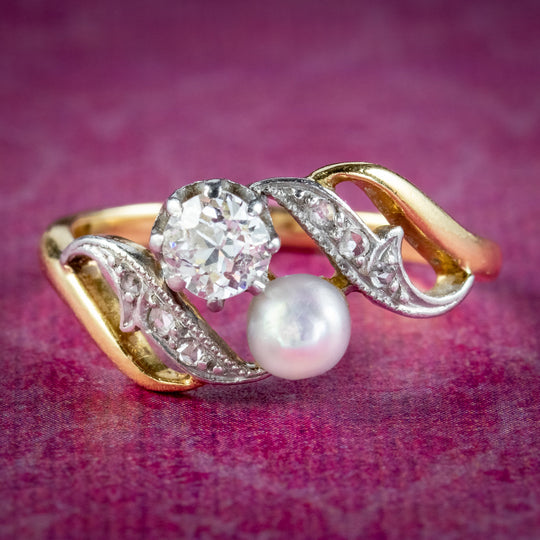 Antique Edwardian Toi Et Moi Diamond Pearl Twist Ring