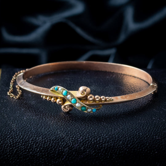 Antique Edwardian Turquoise Pearl Bangle 9ct Gold Dated 1901