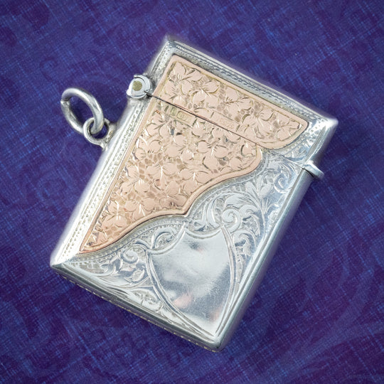 Antique Edwardian Vesta Case Pendant Silver 9ct Gold Dated 1903