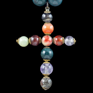 Antique Georgian Agate Glass Bead Cross Necklace 