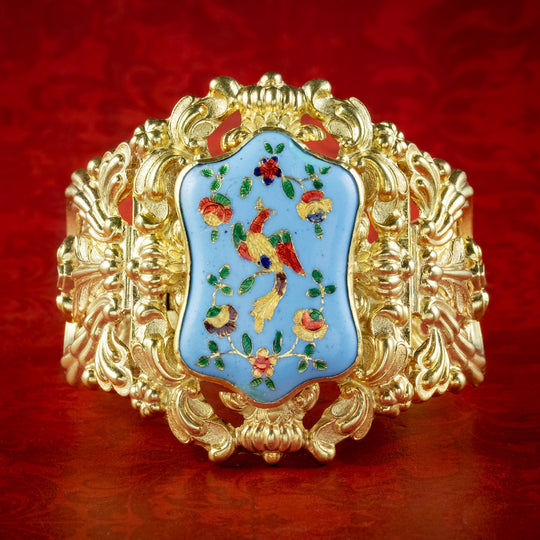 Antique Georgian Cuff Bangle Enamel Peacock Centrepiece
