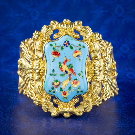 Antique Georgian Cuff Bangle Enamel Peacock Centrepiece