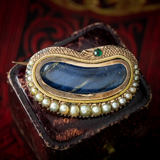 Antique Georgian Mourning Pearl Snake Brooch With Window