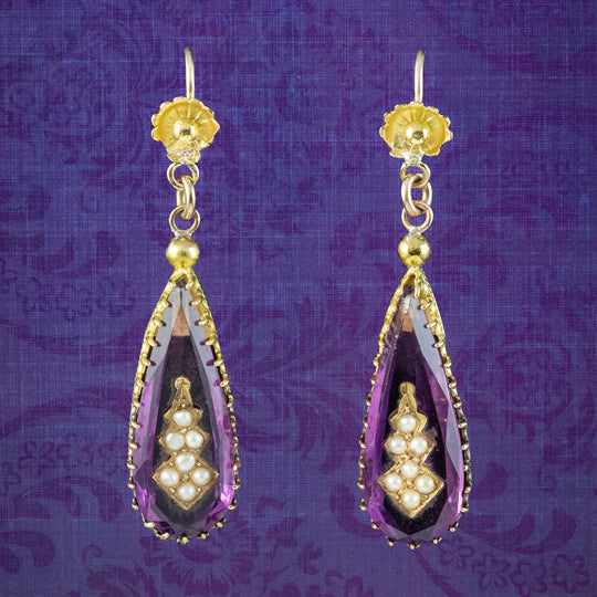 Antique Victorian Amethyst Pearl Drop Earrings 18ct Gold