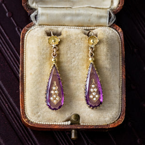 Antique Victorian Amethyst Pearl Drop Earrings 18ct Gold 