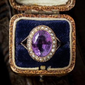 Antique Victorian Amethyst Pearl Ring 6ct Amethyst 