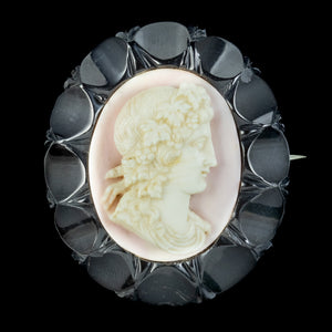 Antique Victorian Coral Cameo Brooch Whitby Jet Frame Circa 1860