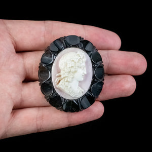 Antique Victorian Coral Cameo Brooch Whitby Jet Frame Circa 1860