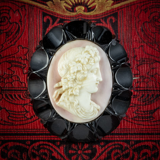 Antique Victorian Coral Cameo Brooch Whitby Jet Frame Circa 1860