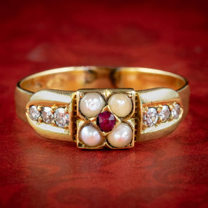 Antique Victorian Diamond Ruby Pearl Ring 