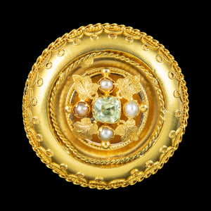 Antique Victorian Etruscan Chrysoberyl Pearl Brooch 18ct Gold With Box