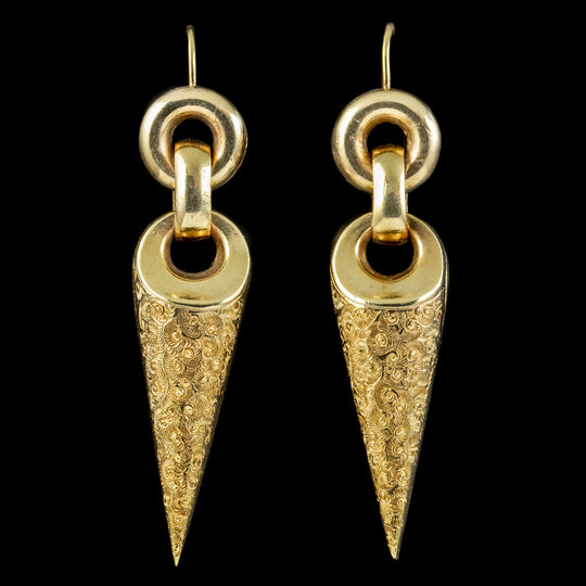 Antique Victorian Etruscan Drop Earrings Pinchbeck Gold Gilt Circa 1870