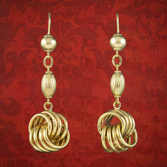 Antique Victorian Etruscan Love Knot Drop Earrings 15ct Gold