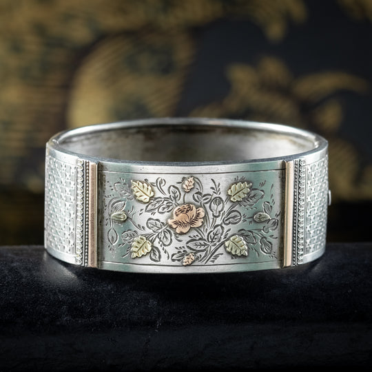 Antique Victorian Floral Cuff Bangle Silver Gold