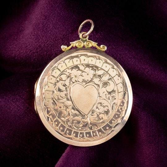 Antique Victorian Floral Heart Locket 9ct Gold Back And Front