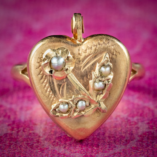 Antique Victorian Forget Me Not Heart Locket Ring Circa 1880