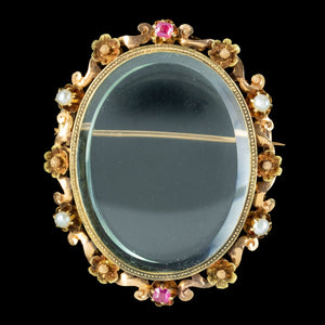 Antique Victorian French Ruby Pearl Picture Frame Brooch 15ct Gold