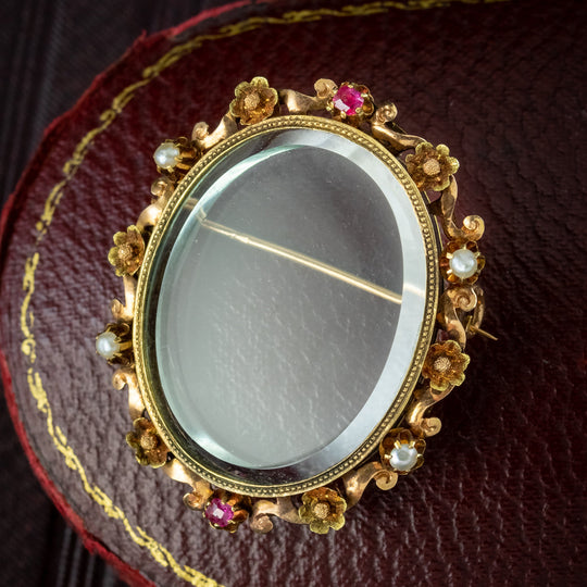 Antique Victorian French Ruby Pearl Picture Frame Brooch 15ct Gold