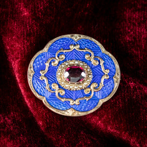 Antique Victorian Guilloche Enamel Garnet Pearl Locket Brooches 9ct Gold
