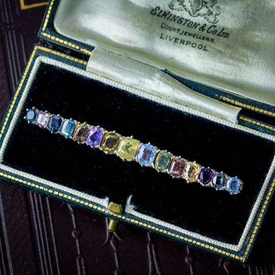 Antique Victorian Harlequin Gemstone Bar Brooch Silver