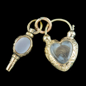 Antique Victorian Heart Locket And Watch Key Charm Pendant 9ct Gold