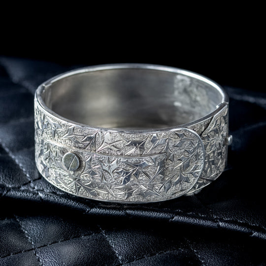 Antique Victorian Ivy Buckle Cuff Bangle Sterling Silver
