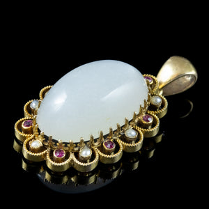 Antique Victorian Moonstone Ruby Pearl Pendant 15ct Gold 19.5ct Moonstone
