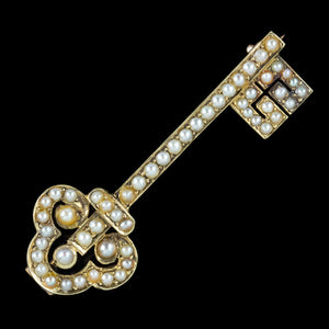 Antique Victorian Natural Pearl Key Brooch 18ct Gold
