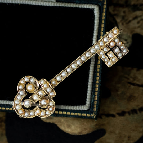 Antique Victorian Natural Pearl Key Brooch 18ct Gold