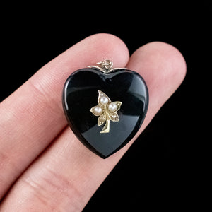 Antique Victorian Onyx Pearl Mourning Heart Locket With Portrait