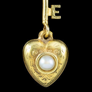 Antique Victorian Pearl Key To Your Heart Drop Earrings 9ct Gold