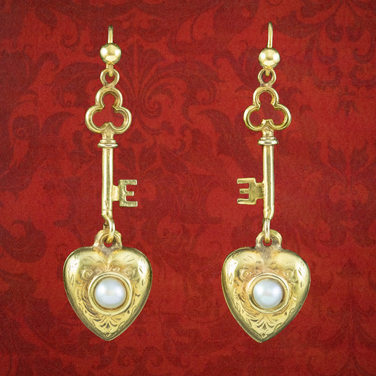 Antique Victorian Pearl Key To Your Heart Drop Earrings 9ct Gold
