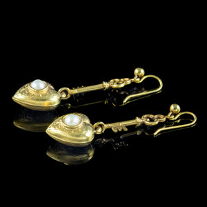 Antique Victorian Pearl Key To Your Heart Drop Earrings 9ct Gold