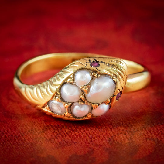 Antique Victorian Pearl Ruby Snake Ring