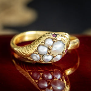 Antique Victorian Pearl Ruby Snake Ring 