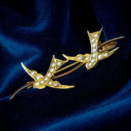 Antique Victorian Pearl Swallow Brooch 9ct Gold