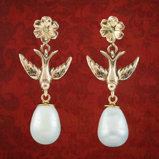 Antique Victorian Pearl Swallow Drop Earrings 15ct Gold