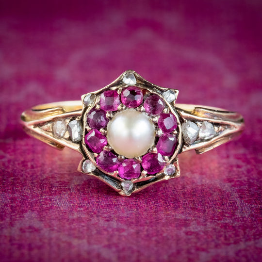 Antique Victorian Ruby Diamond Pearl Ring Dated 1869