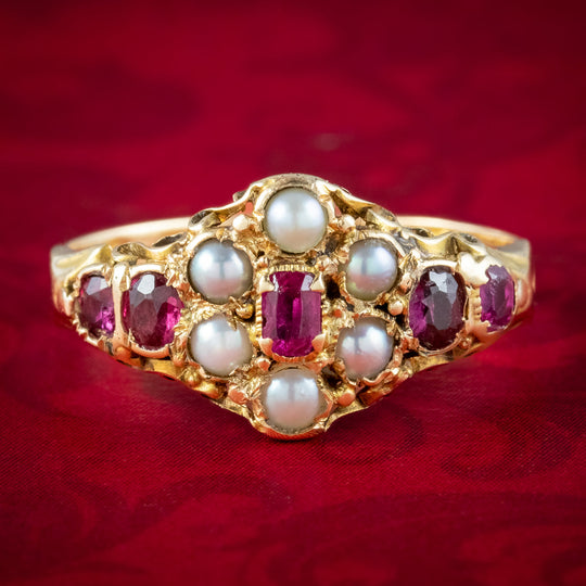 Antique Victorian Ruby Pearl Cluster Ring Dated 1870