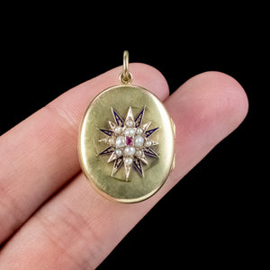 Antique Victorian Ruby Pearl Star Locket 15ct Gold 