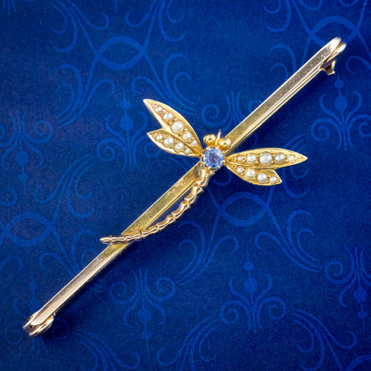Antique Victorian Sapphire Pearl Dragonfly Brooch 9ct Gold