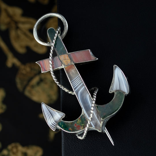 Antique Victorian Scottish Agate Anchor Brooch Silver