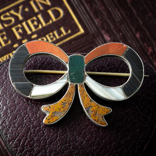 Antique Victorian Scottish Agate Bow Brooch Silver