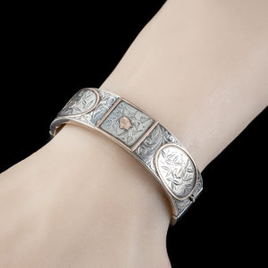 Antique Victorian Silver Cuff Bangle With Gold Roses