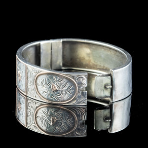 Antique Victorian Silver Cuff Bangle With Gold Roses