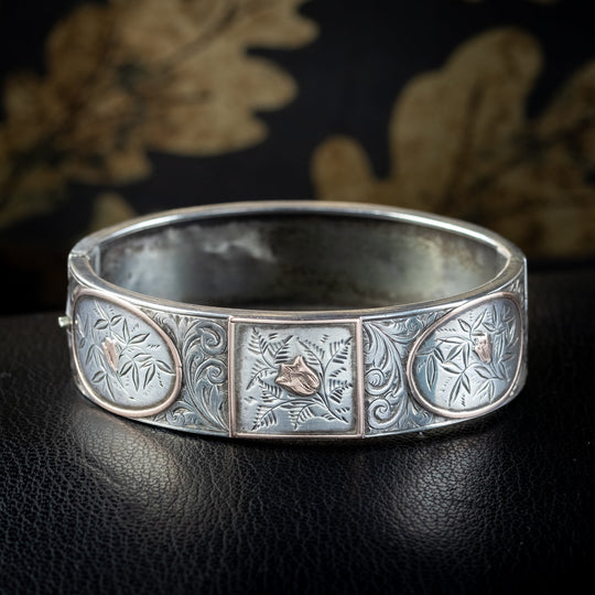 Antique Victorian Silver Cuff Bangle With Gold Roses