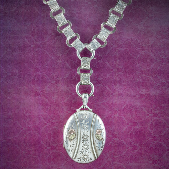Antique Victorian Silver Forget Me Not Locket And Collar