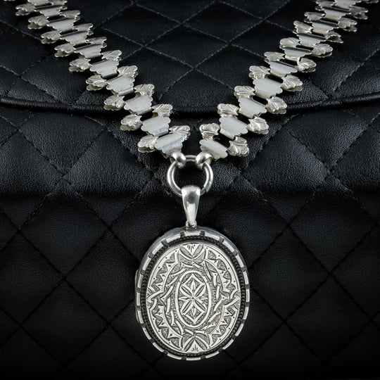 Antique Victorian Silver Locket And Collar Necklace